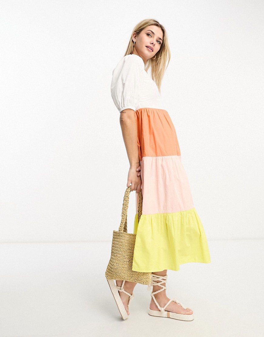 Influence cotton poplin colour block tiered midi dress-Multi