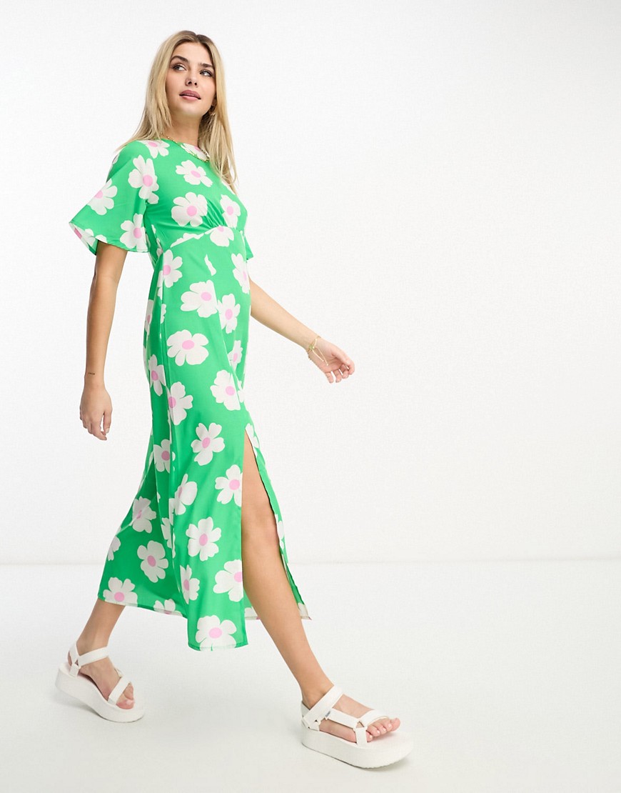 Influence flutter sleeve midi tea dress in green floral print