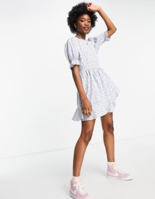 Influence frill hem mini dress in blue ditsy floral print - Click1Get2 On Sale