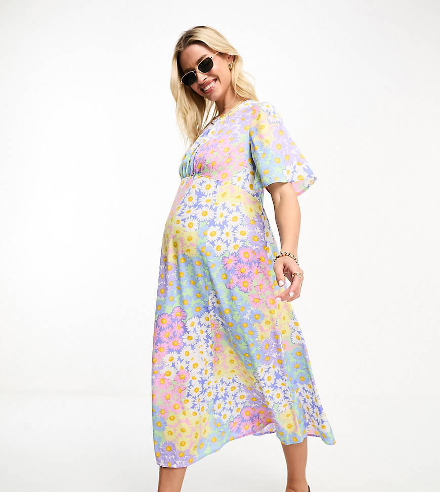 Influence Maternity flutter sleeve midi tea dress in pastel floral print-Blue