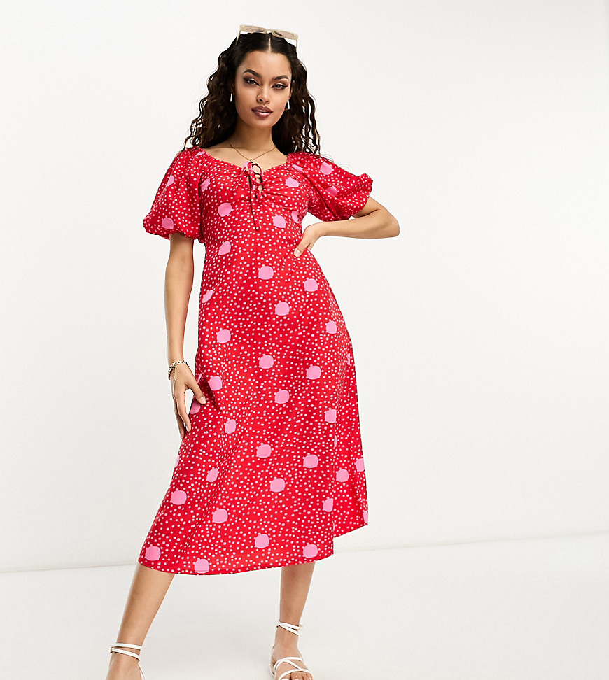 Influence Petite tie front midi dress in red polka dot print