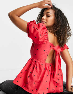 Influence square neck blouse with puff sleeve in red heart print - Click1Get2 Coupon&