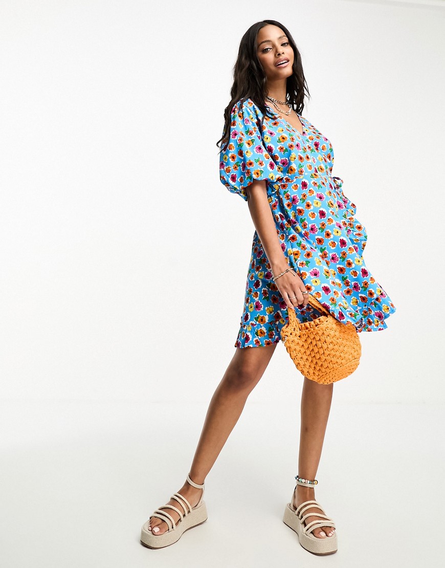 Influence wrap front mini dress in blue floral print