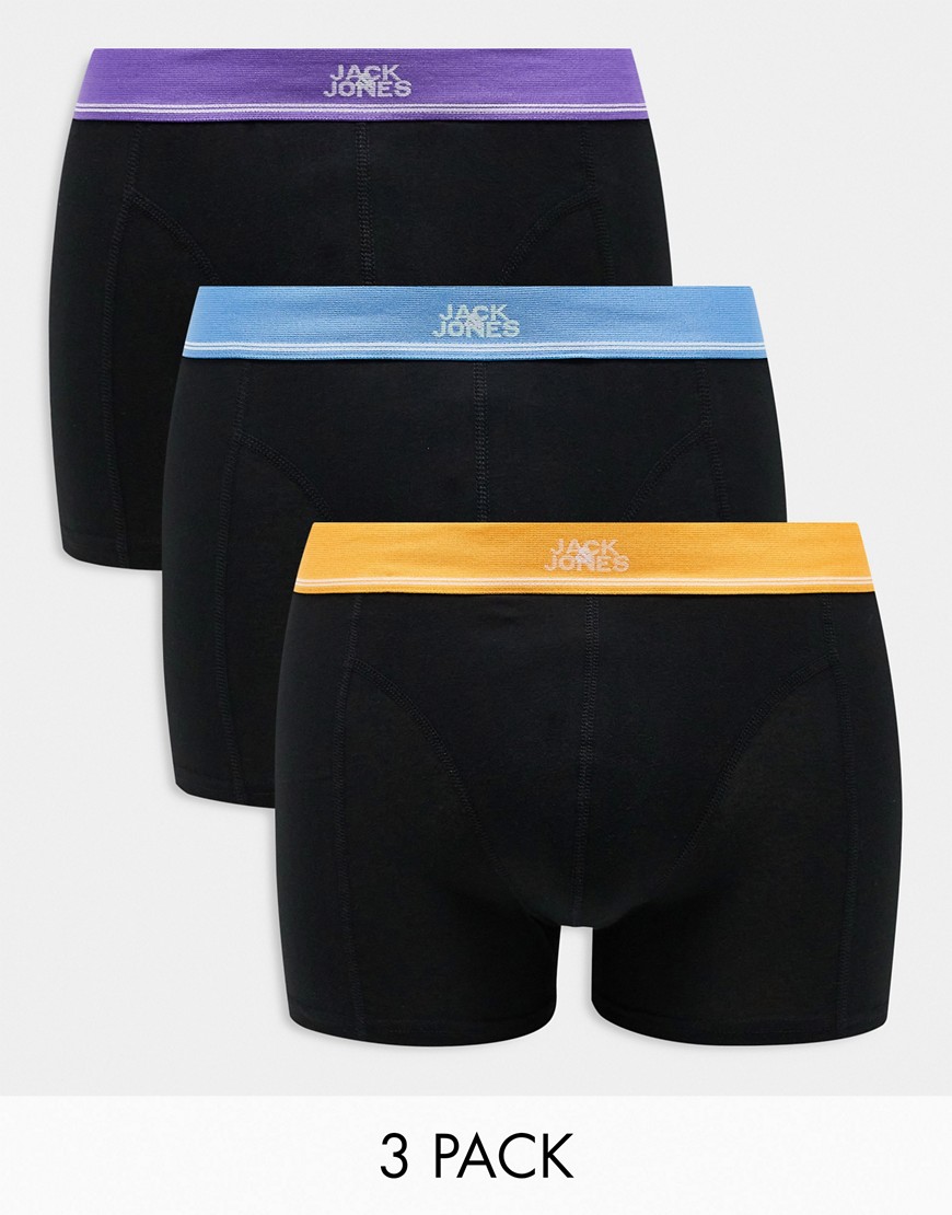 Jack & Jones 3 pack trunks with central logo with bright waistbands-Black