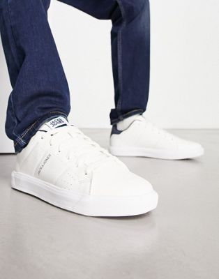 casual faux leather logo trainers in white and navy