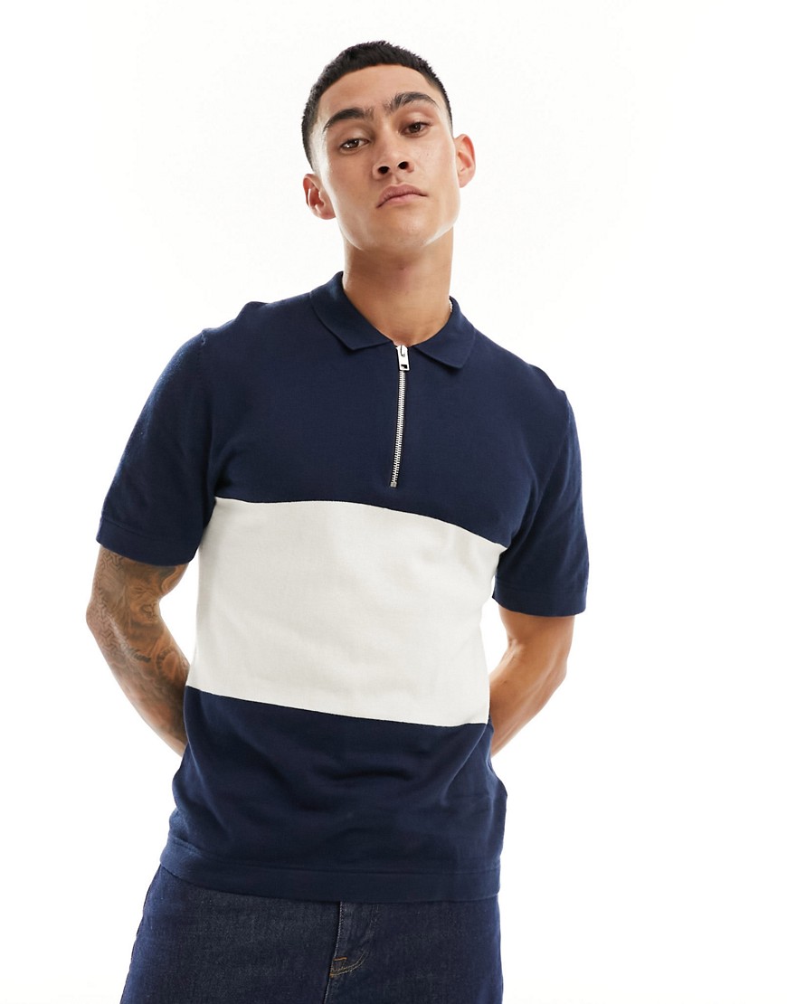 Jack & Jones knitted polo with zip in navy