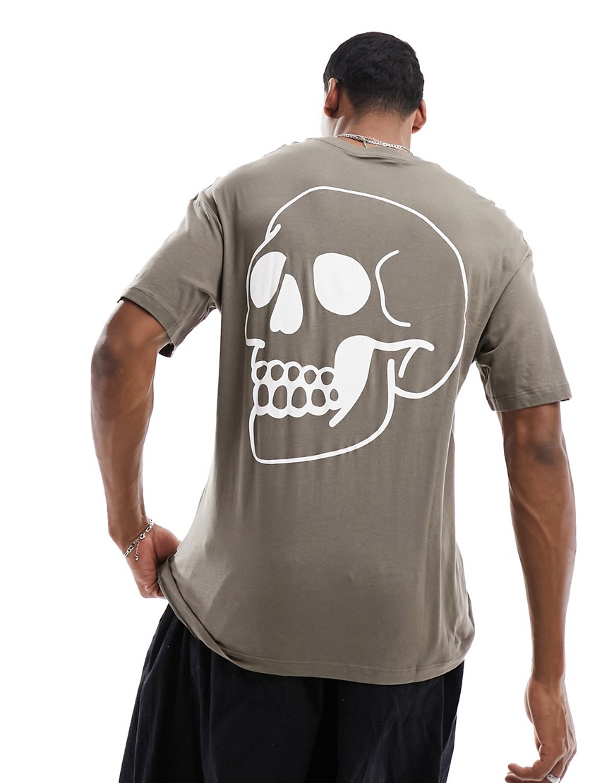 Jack & Jones oversized t-shirt with skull back print in tan-Brown