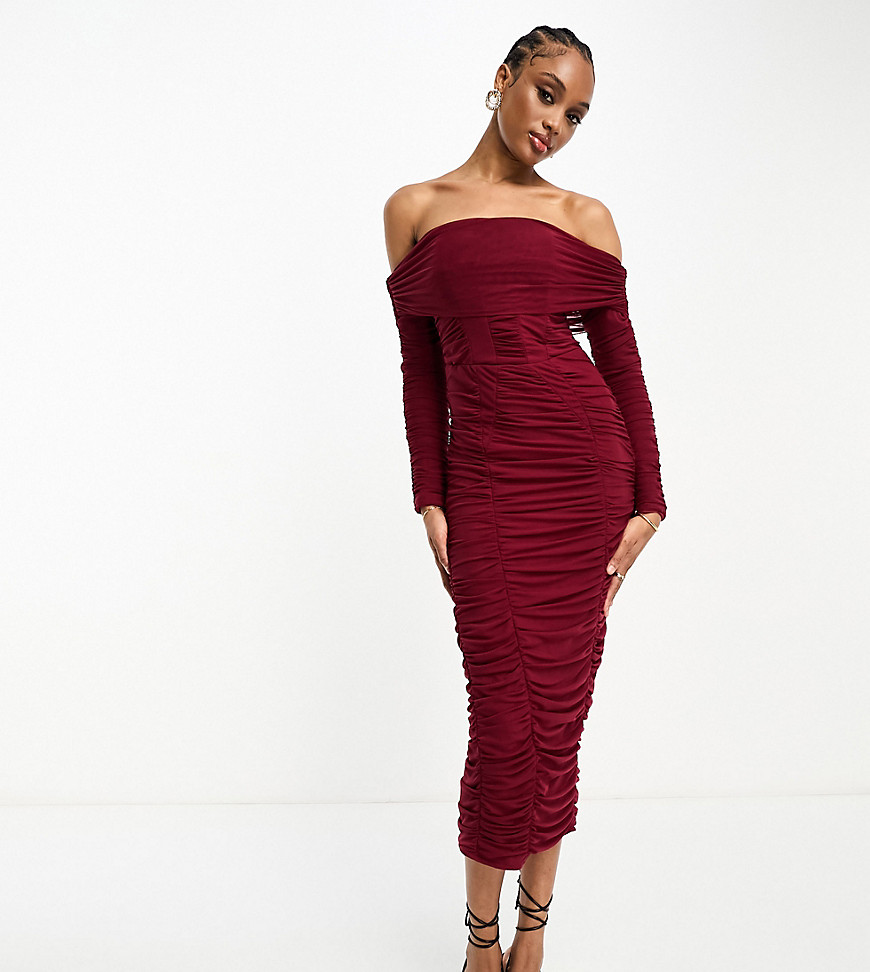 Jaded Rose Tall panelled corset ruched midi dress in burgundy-Red