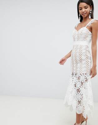 jarlo all over contrast floral lace embroidered midi dress with ruffle hem detail in multi