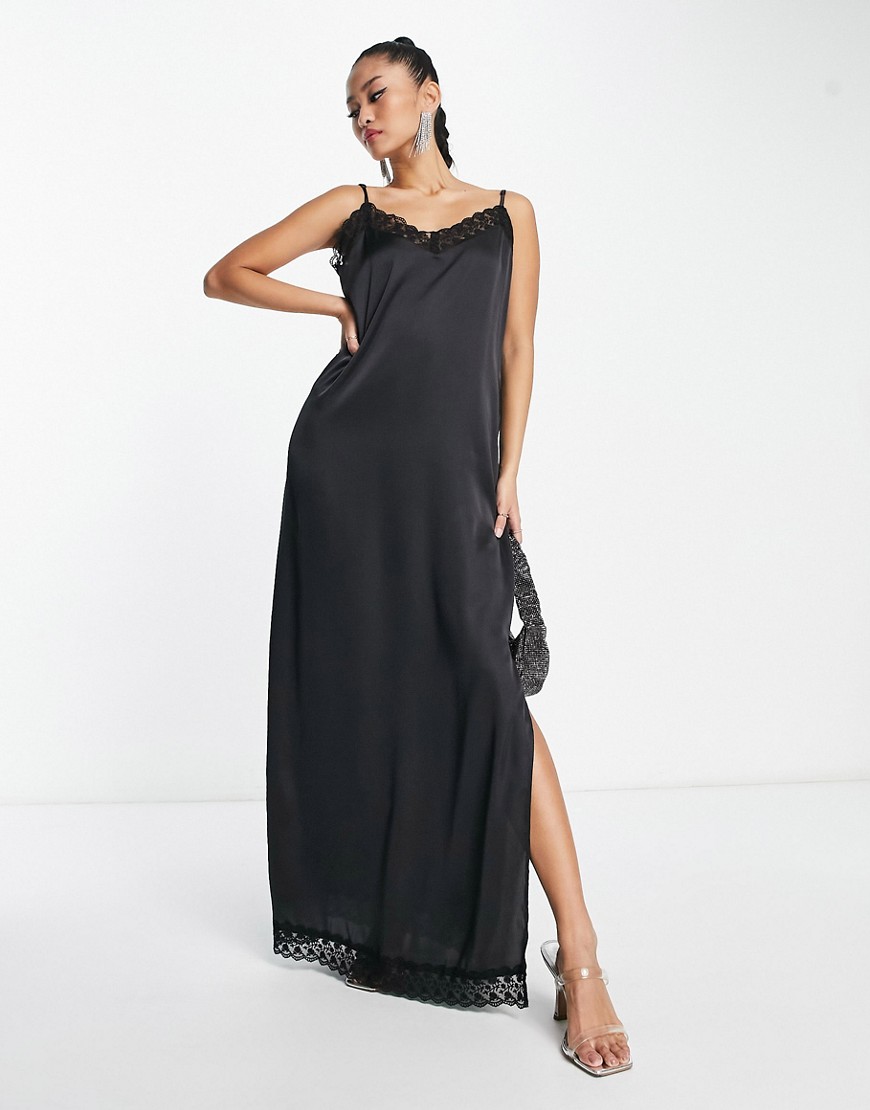 JDY lace detail satin maxi dress with side slit in black