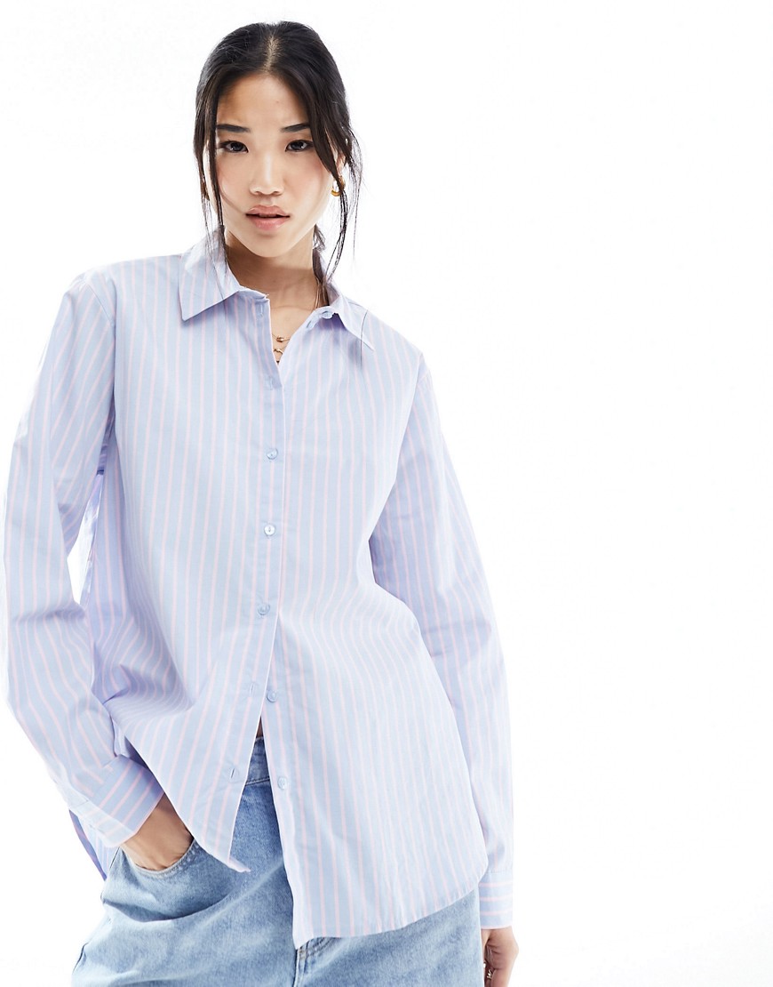 JDY long sleeve loose fit shirt in blue with pink stripe-Multi