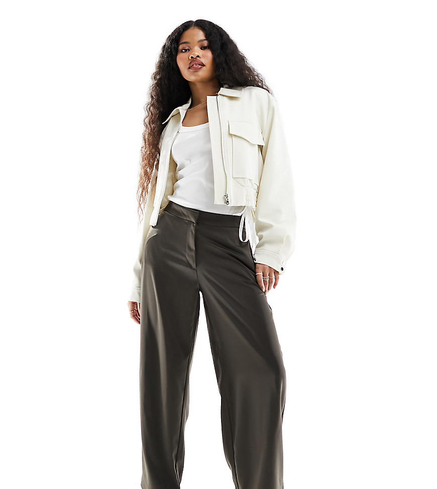 JDY Petite high waisted wide leg trousers in dark brown-Green