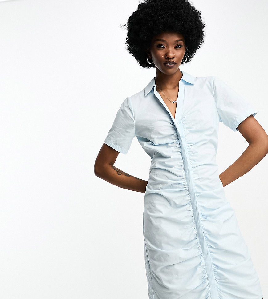 JDY Tall exclusive ruched detail mini shirt dress in pale blue