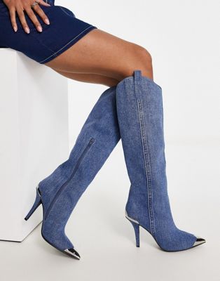 By Golly knee boots in acid wash denim