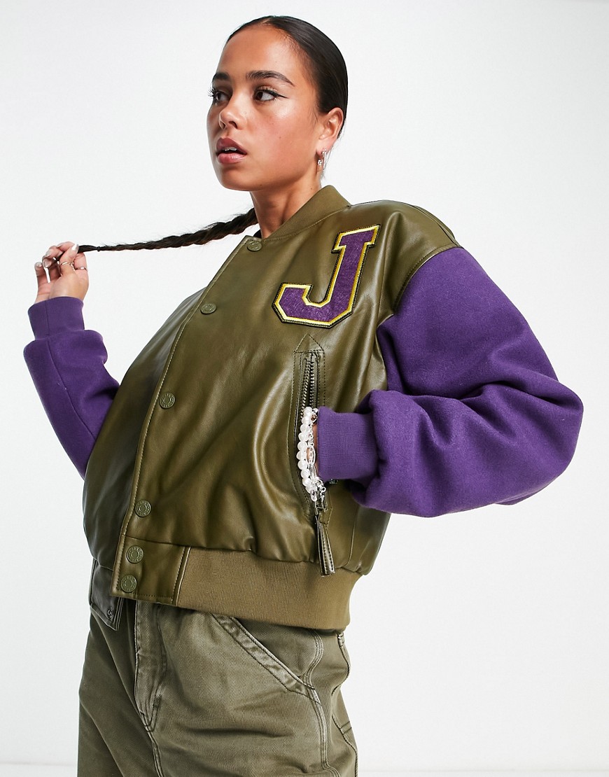 JJXX oversized faux leather varsity bomber jacket in khaki and purple-Multi