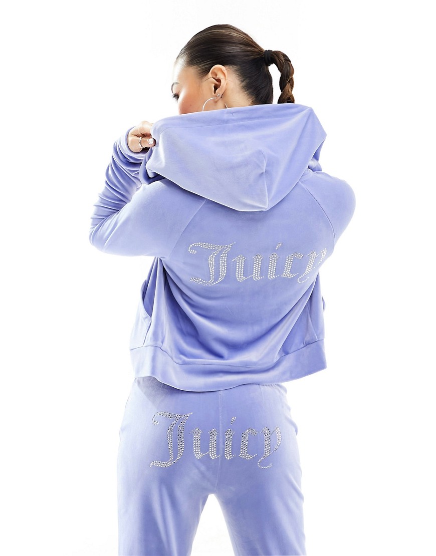 Juicy Couture diamante logo velour zip through hoodie co-ord in pastel blue