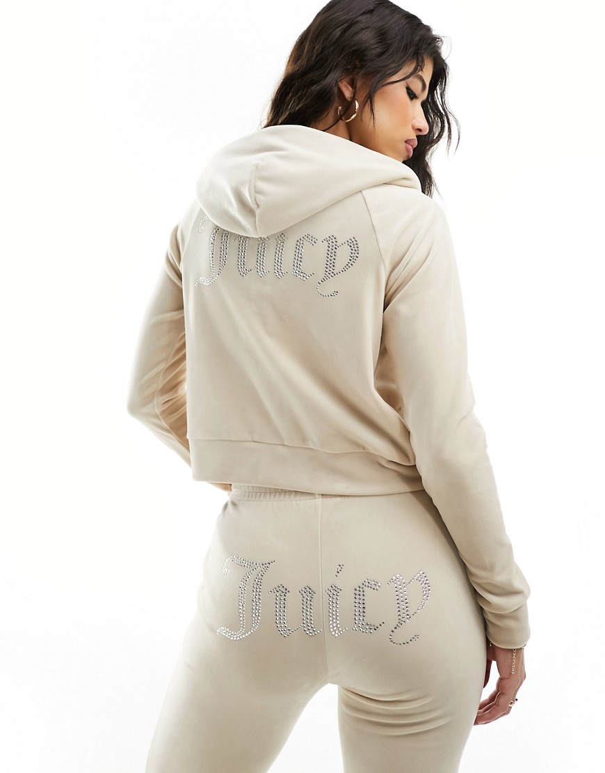 Juicy Couture diamante velour tracksuit zip hoodie co-ord in brazilian sand-Neutral