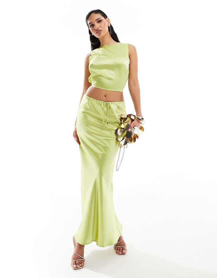 Kaiia satin drawstring maxi skirt co-ord in lime-Green