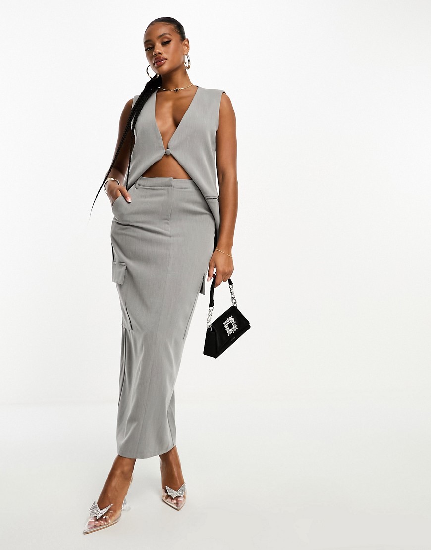 Kaiia tailored pocket detail maxi skirt co-ord in grey