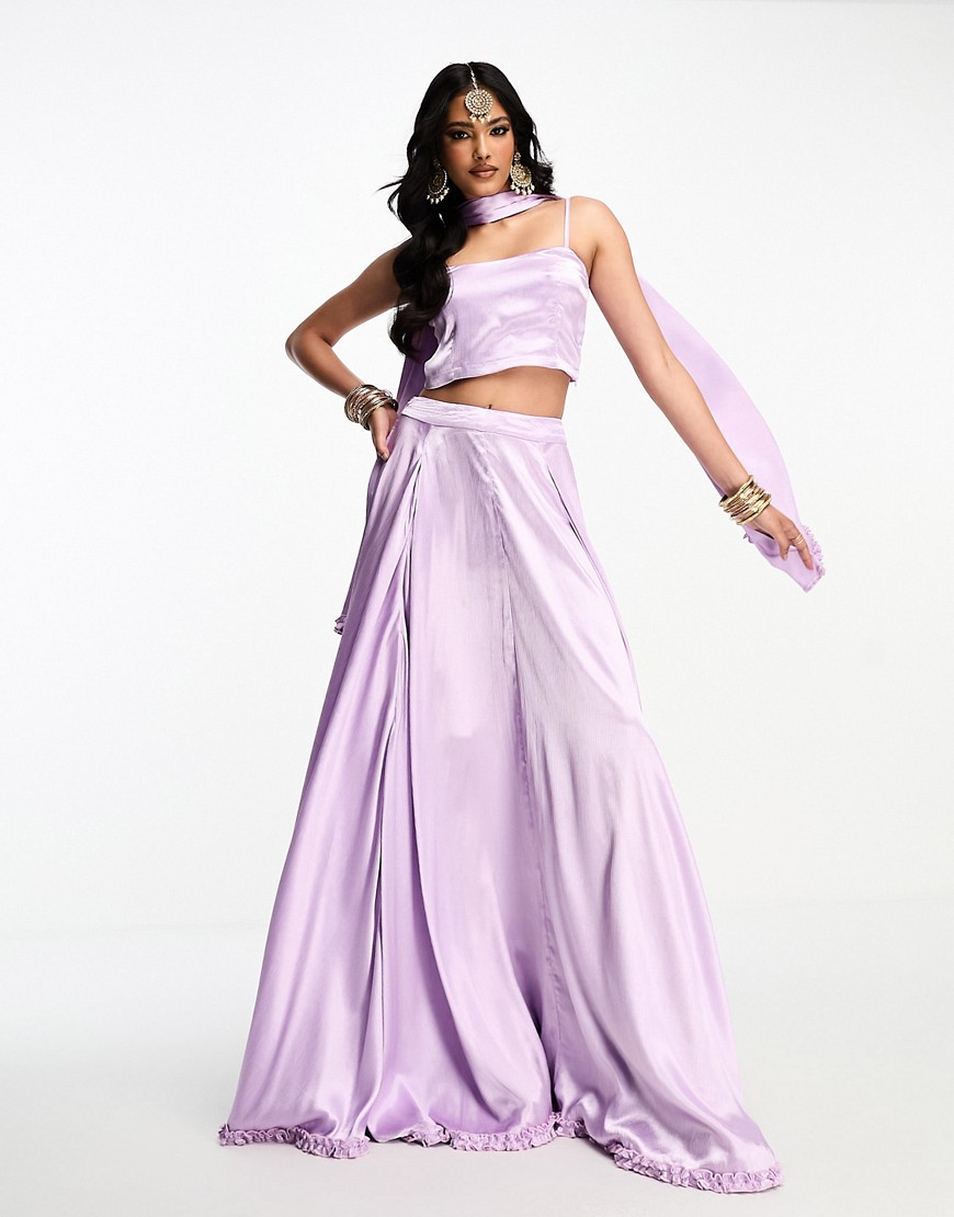 Kanya London Bridesmaid Lehenga full flare frill skirt & scarf in lavender lilac-Purple