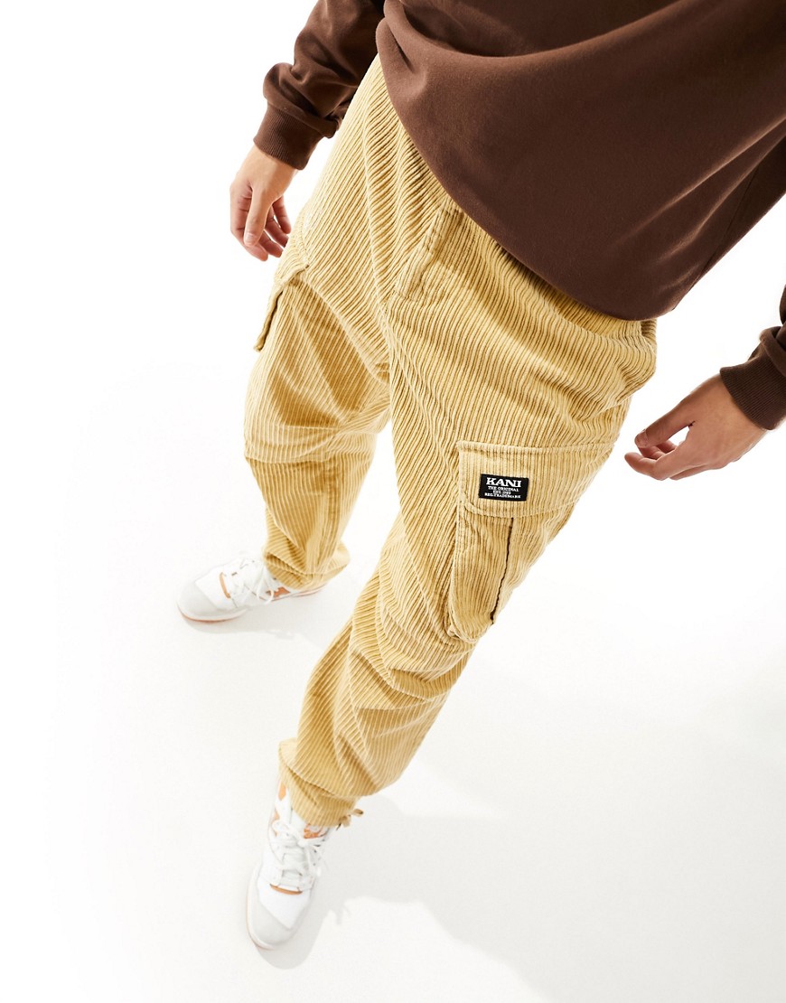 Karl Kani straight leg cord cargo trousers in beige with logo print-Neutral