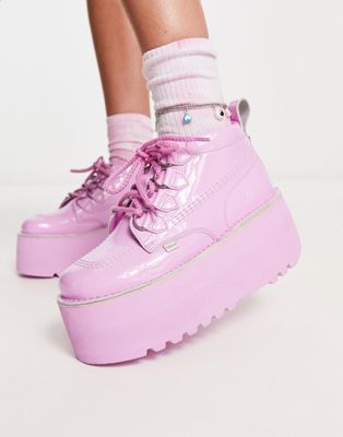 Kick platform boots in pink holographic patent
