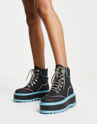 Koi flatform pastel contrast lace up boots in black mix