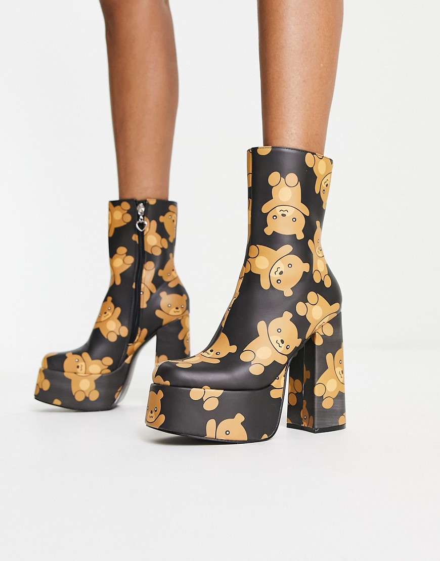 KOI Teddy platform heeled boots in bear print-Multi