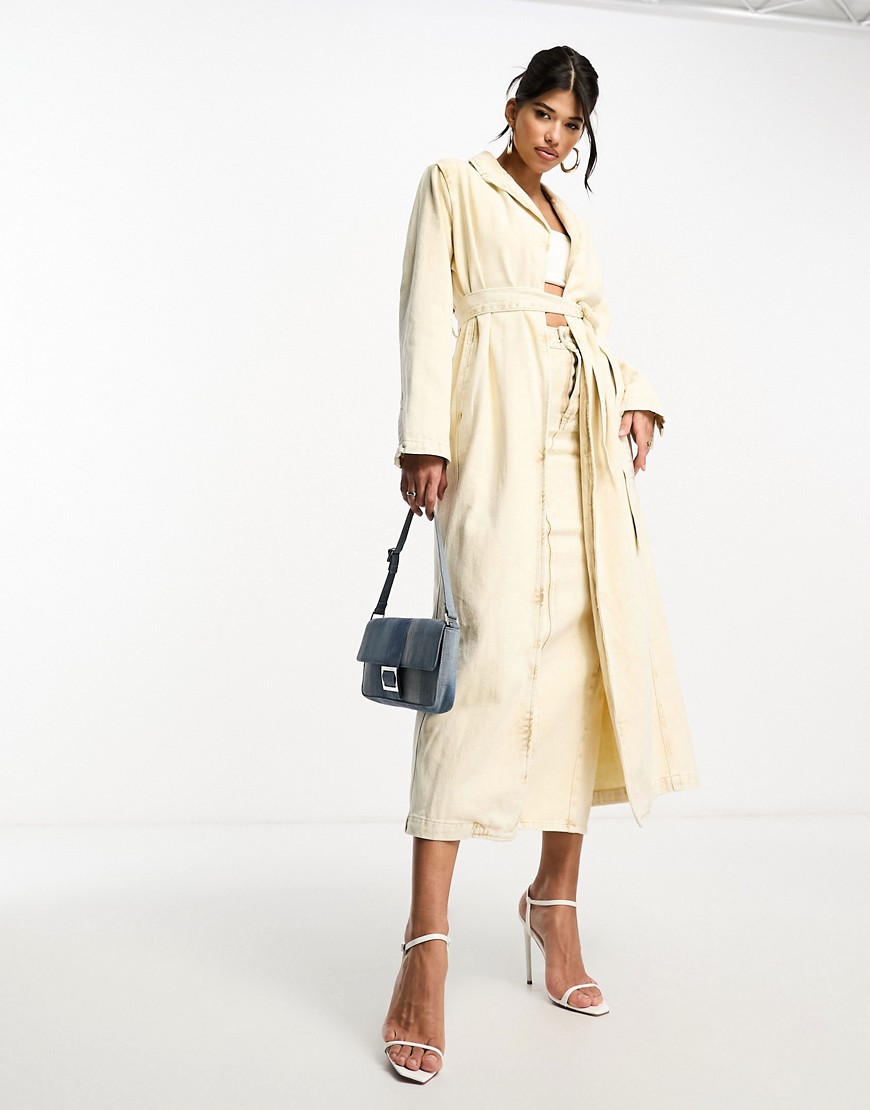 Kyo The Brand denim belted trench coat co-ord in washed sand-Neutral
