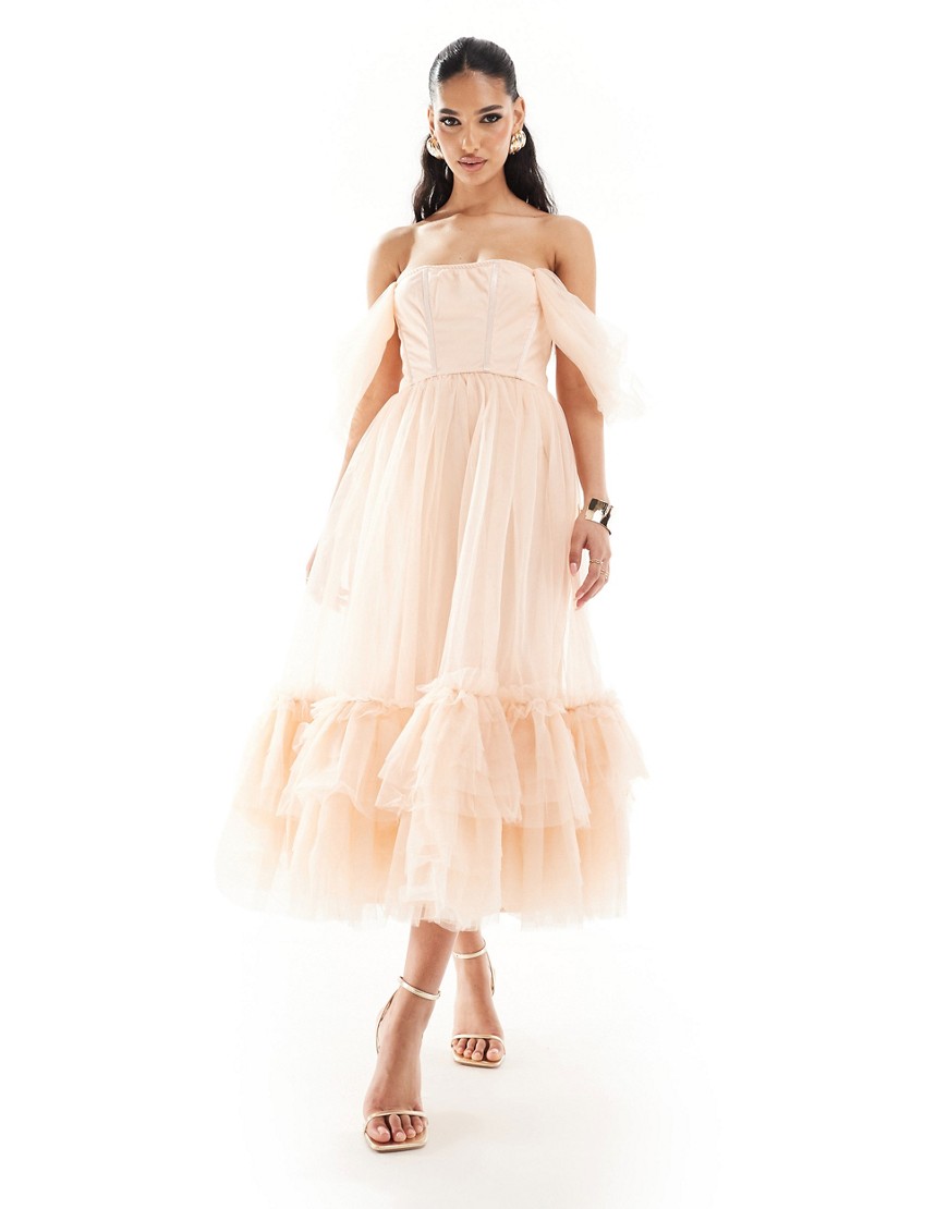 Lace & Beads corset tulle midaxi dress in powder pink
