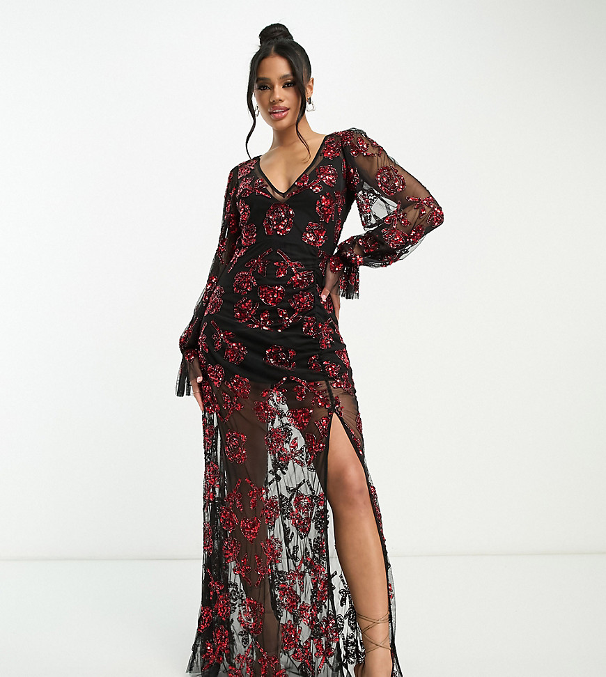 Lace & Beads exclusive long sleeve maxi dress in red mixed applique