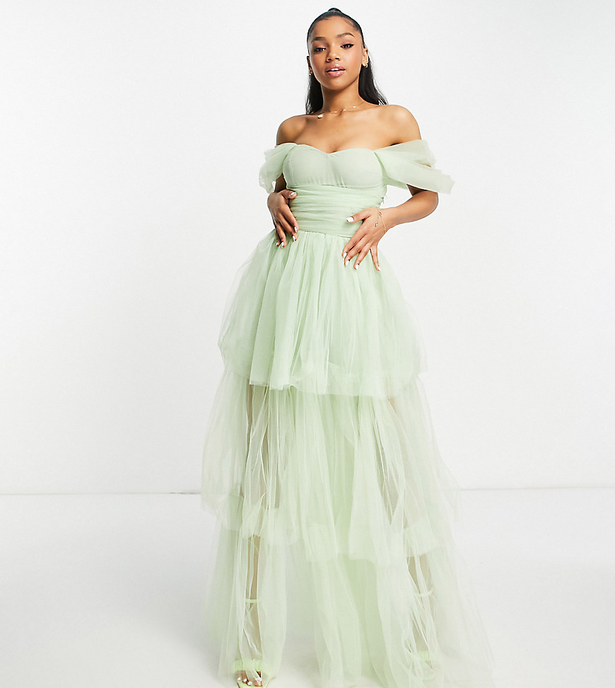 Lace & Beads exclusive off shoulder tulle tiered maxi dress in sage green