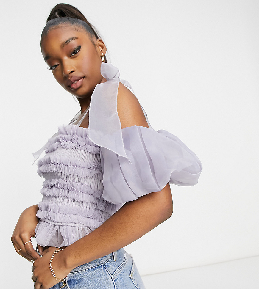 Lace & Beads exclusive ruched crop top with puff sleeve and bow shoulder in dark lilac-Purple