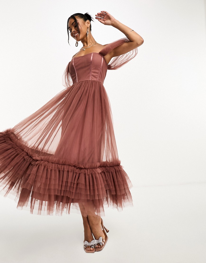 Lace & Beads off shoulder corset ruffle midaxi dress in rose brown