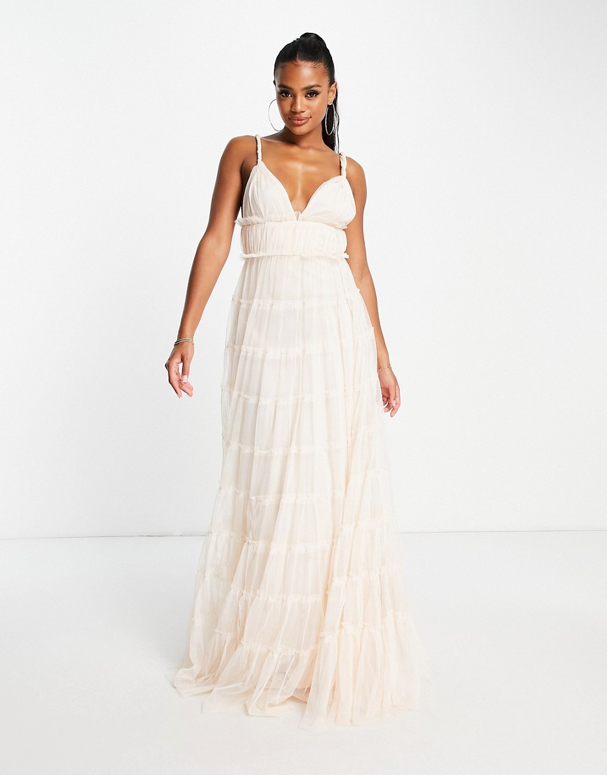 Lace & Beads plunge tiered maxi dress in beige-Neutral