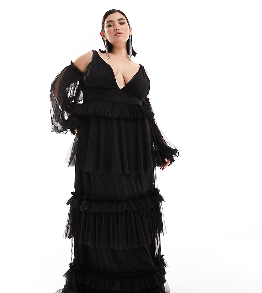Lace & Beads Plus sheer sleeve tulle tiered maxi dress in black