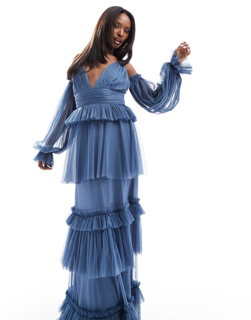 Lace & Beads sheer sleeve tulle tiered maxi dress in blue