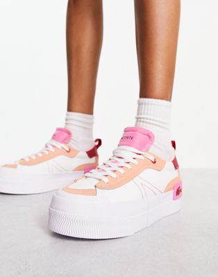 L004 Platform Trainers In White Pink canvas