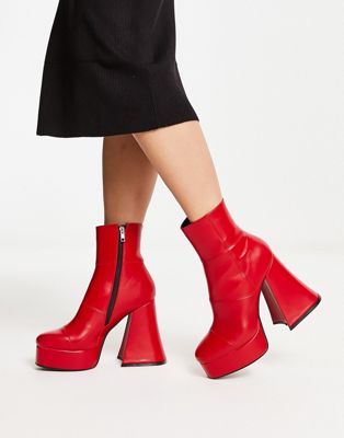 flared heeled platform boot in red pu