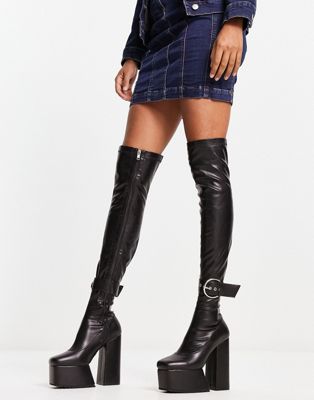 over the knee extreme platform boots with buckle in black