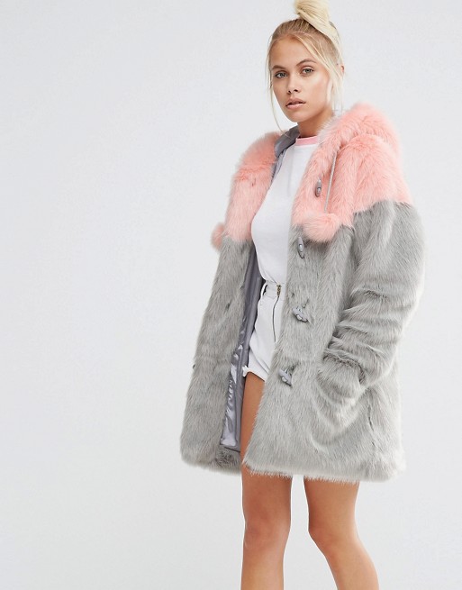 Lazy Oaf | Lazy Oaf Faux Fur Duffle Coat With Pastel Panels And ...