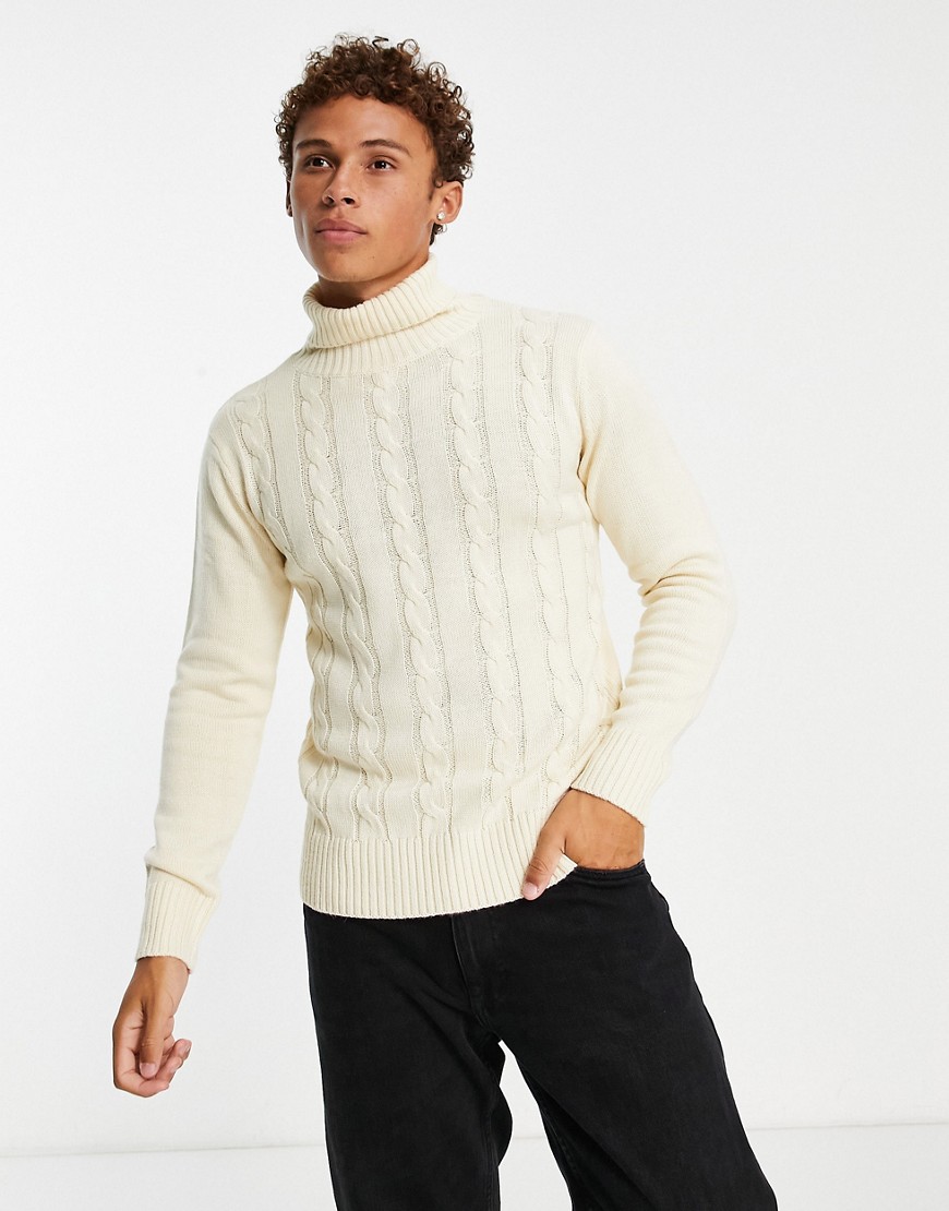 Le Breve cable knit roll neck jumper in ecru-White