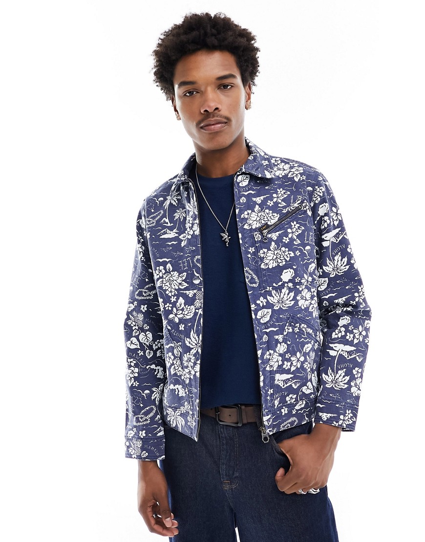 Lee eisenhower floral print denim harrington jacket in mid blue
