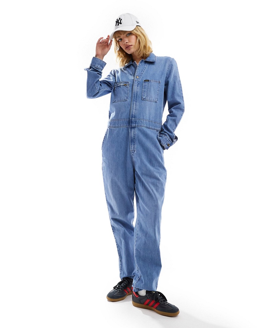 Lee unionall overall denim jumpsuit in mid wash-Blue