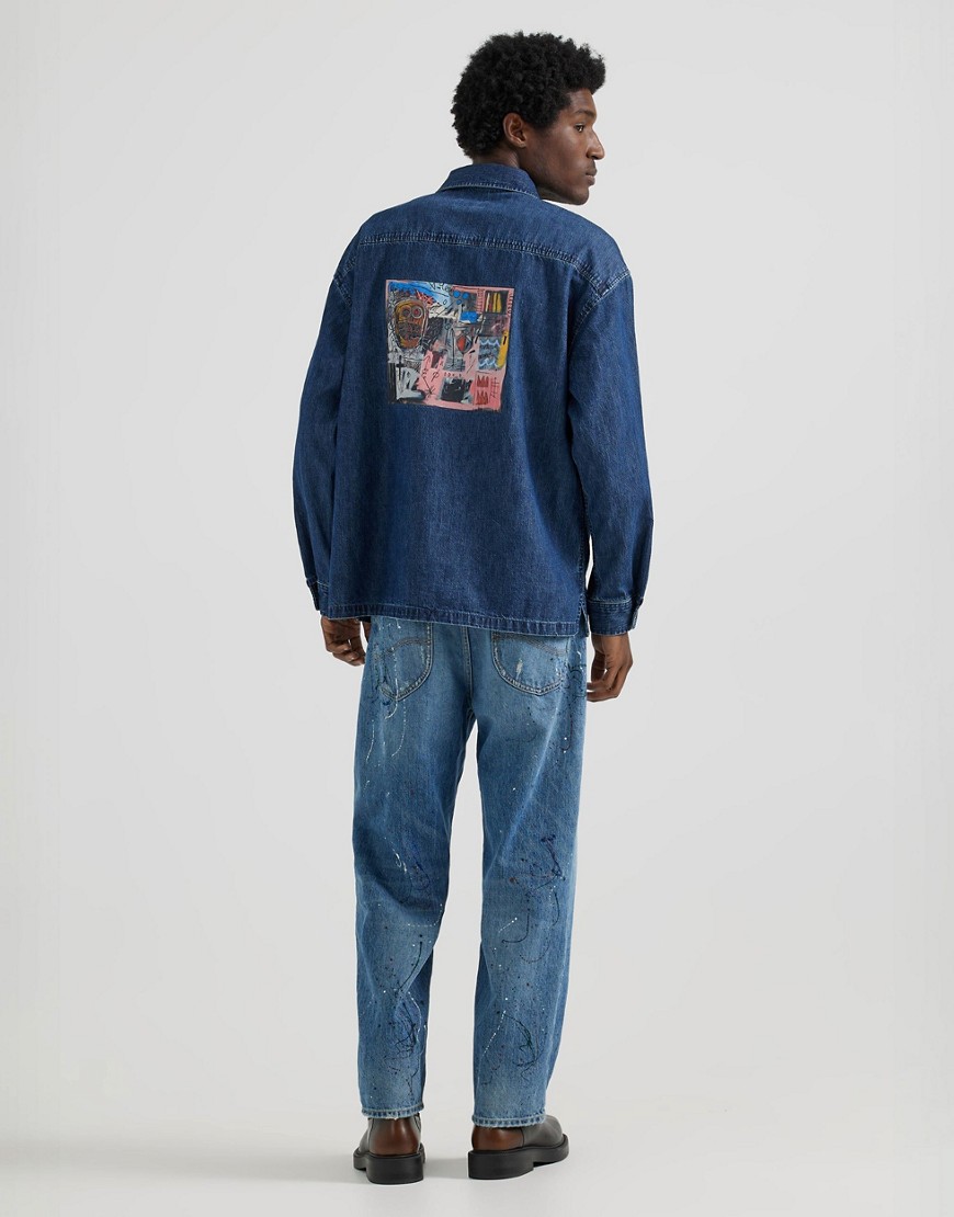 Lee x Jean-Michael Basquiat capsule back artwork print overhead worker denim shirt in mid wash-Blue