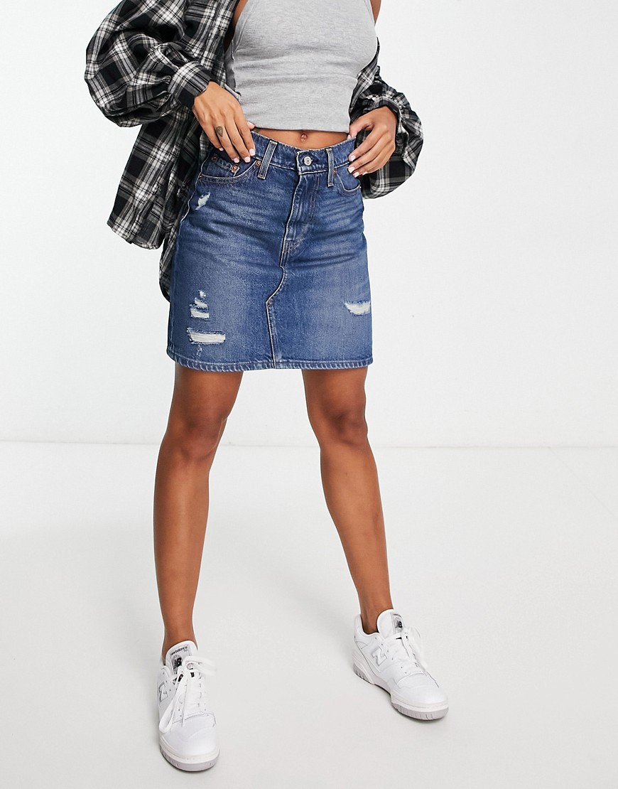 Levi’s high rise deconstructed ripped denim skirt in dark wash-Blue