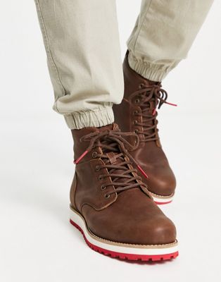 Jax Lux leather lace up boot with red tab in brown