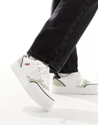 Paige leather trainer in white cream mix with red tab logo