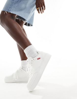 Paige leather trainer in white with red tab logo