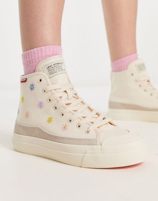 Square high trainer in cream with all over flower print